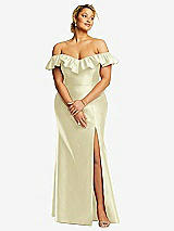 Front View Thumbnail - Butter Yellow Off-the-Shoulder Ruffle Neck Satin Trumpet Gown