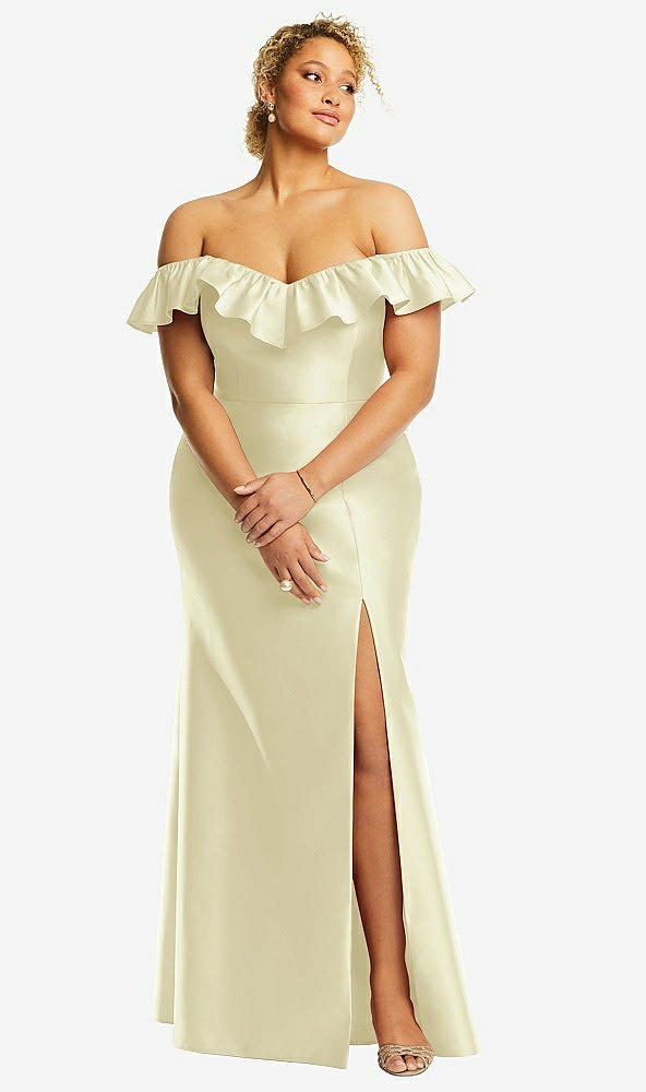 Front View - Butter Yellow Off-the-Shoulder Ruffle Neck Satin Trumpet Gown