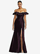 Alt View 3 Thumbnail - Deep Plum Off-the-Shoulder Ruffle Neck Satin Trumpet Gown