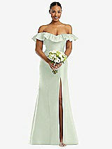 Alt View 2 Thumbnail - Mint Green Off-the-Shoulder Ruffle Neck Satin Trumpet Gown