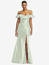Alt View 3 Thumbnail - Mint Green Off-the-Shoulder Ruffle Neck Satin Trumpet Gown