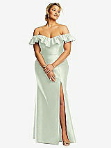 Front View Thumbnail - Mint Green Off-the-Shoulder Ruffle Neck Satin Trumpet Gown