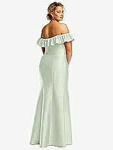 Rear View Thumbnail - Mint Green Off-the-Shoulder Ruffle Neck Satin Trumpet Gown