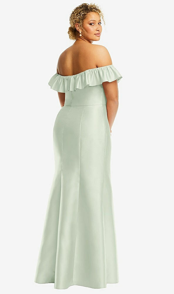 Back View - Mint Green Off-the-Shoulder Ruffle Neck Satin Trumpet Gown