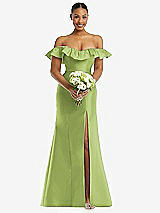 Alt View 2 Thumbnail - Mojito Off-the-Shoulder Ruffle Neck Satin Trumpet Gown
