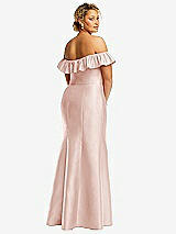 Rear View Thumbnail - Blush Off-the-Shoulder Ruffle Neck Satin Trumpet Gown