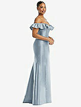 Alt View 4 Thumbnail - Mist Off-the-Shoulder Ruffle Neck Satin Trumpet Gown