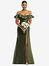 Alt View 2 Thumbnail - Olive Green Off-the-Shoulder Ruffle Neck Satin Trumpet Gown