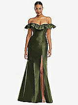 Alt View 3 Thumbnail - Olive Green Off-the-Shoulder Ruffle Neck Satin Trumpet Gown