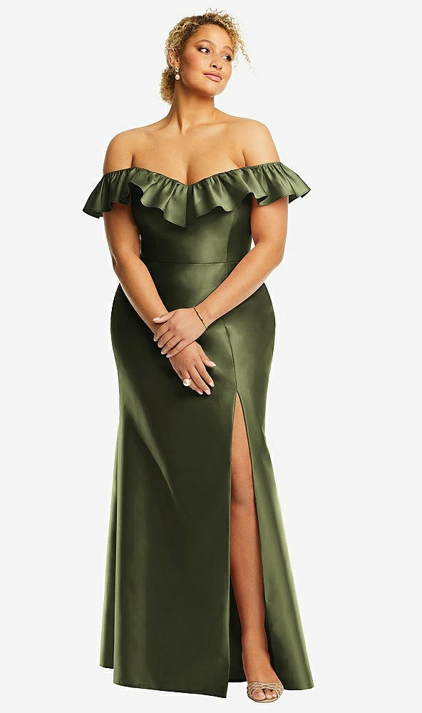 Front View - Olive Green Off-the-Shoulder Ruffle Neck Satin Trumpet Gown