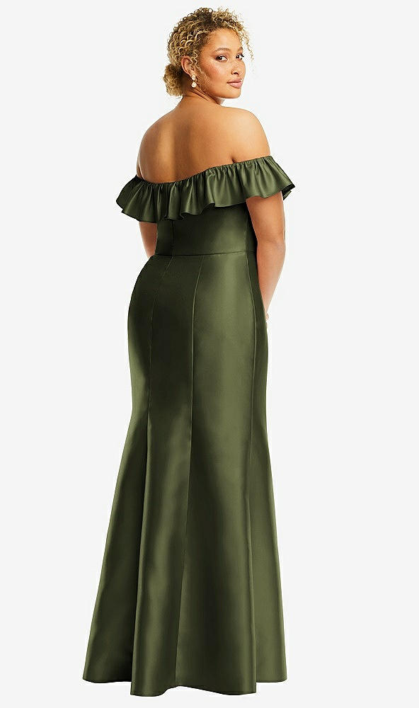 Back View - Olive Green Off-the-Shoulder Ruffle Neck Satin Trumpet Gown