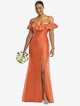 Alt View 1 Thumbnail - Portofino Orange Off-the-Shoulder Ruffle Neck Satin Trumpet Gown