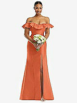 Alt View 2 Thumbnail - Portofino Orange Off-the-Shoulder Ruffle Neck Satin Trumpet Gown