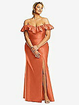 Front View Thumbnail - Portofino Orange Off-the-Shoulder Ruffle Neck Satin Trumpet Gown