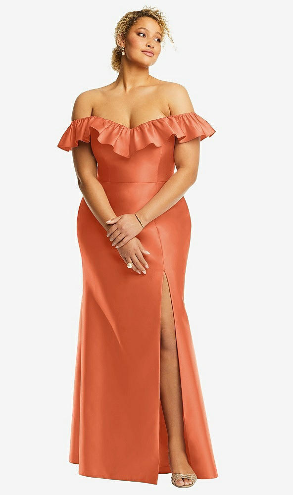 Front View - Portofino Orange Off-the-Shoulder Ruffle Neck Satin Trumpet Gown