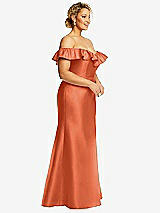Side View Thumbnail - Portofino Orange Off-the-Shoulder Ruffle Neck Satin Trumpet Gown