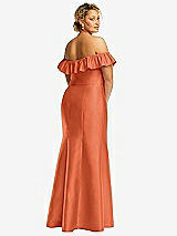 Rear View Thumbnail - Portofino Orange Off-the-Shoulder Ruffle Neck Satin Trumpet Gown