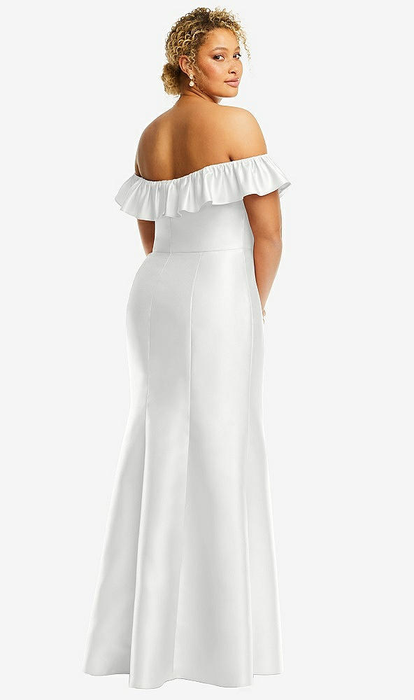 Back View - White Off-the-Shoulder Ruffle Neck Satin Trumpet Gown