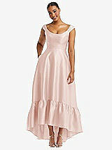 Front View Thumbnail - Blush Cap Sleeve Deep Ruffle Hem Satin High Low Dress with Pockets
