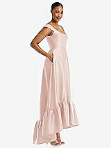 Side View Thumbnail - Blush Cap Sleeve Deep Ruffle Hem Satin High Low Dress with Pockets