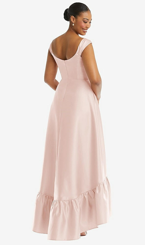Back View - Blush Cap Sleeve Deep Ruffle Hem Satin High Low Dress with Pockets