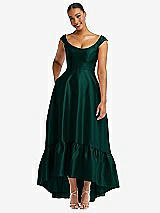 Front View Thumbnail - Evergreen Cap Sleeve Deep Ruffle Hem Satin High Low Dress with Pockets