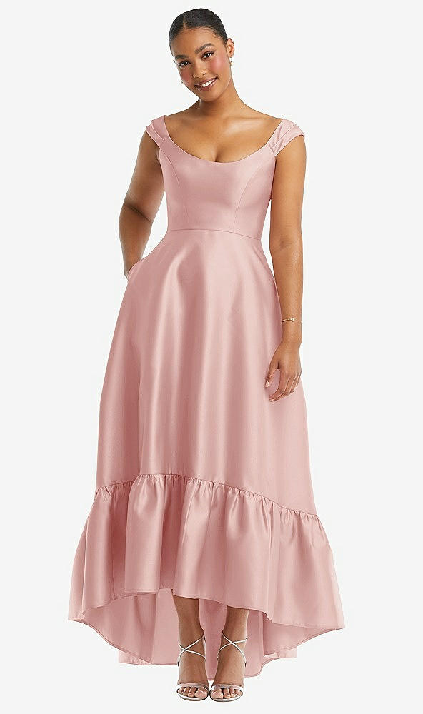 Front View - Rose Cap Sleeve Deep Ruffle Hem Satin High Low Dress with Pockets