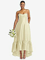 Front View Thumbnail - Butter Yellow Strapless Deep Ruffle Hem Satin High Low Dress with Pockets
