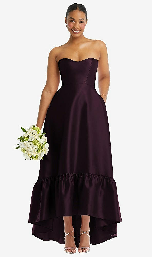 Front View - Deep Plum Strapless Deep Ruffle Hem Satin High Low Dress with Pockets