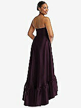 Rear View Thumbnail - Deep Plum Strapless Deep Ruffle Hem Satin High Low Dress with Pockets