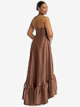 Rear View Thumbnail - Cognac Strapless Deep Ruffle Hem Satin High Low Dress with Pockets