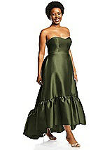 Alt View 2 Thumbnail - Olive Green Strapless Deep Ruffle Hem Satin High Low Dress with Pockets