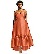 Alt View 1 Thumbnail - Portofino Orange Strapless Deep Ruffle Hem Satin High Low Dress with Pockets