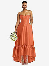 Front View Thumbnail - Portofino Orange Strapless Deep Ruffle Hem Satin High Low Dress with Pockets
