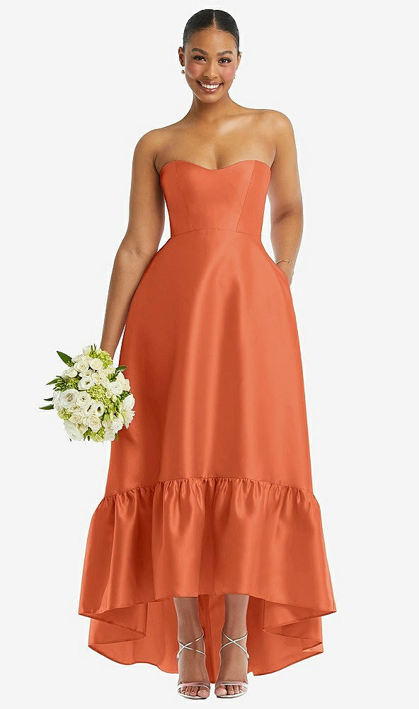 Front View - Portofino Orange Strapless Deep Ruffle Hem Satin High Low Dress with Pockets