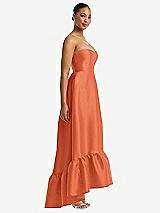 Side View Thumbnail - Portofino Orange Strapless Deep Ruffle Hem Satin High Low Dress with Pockets