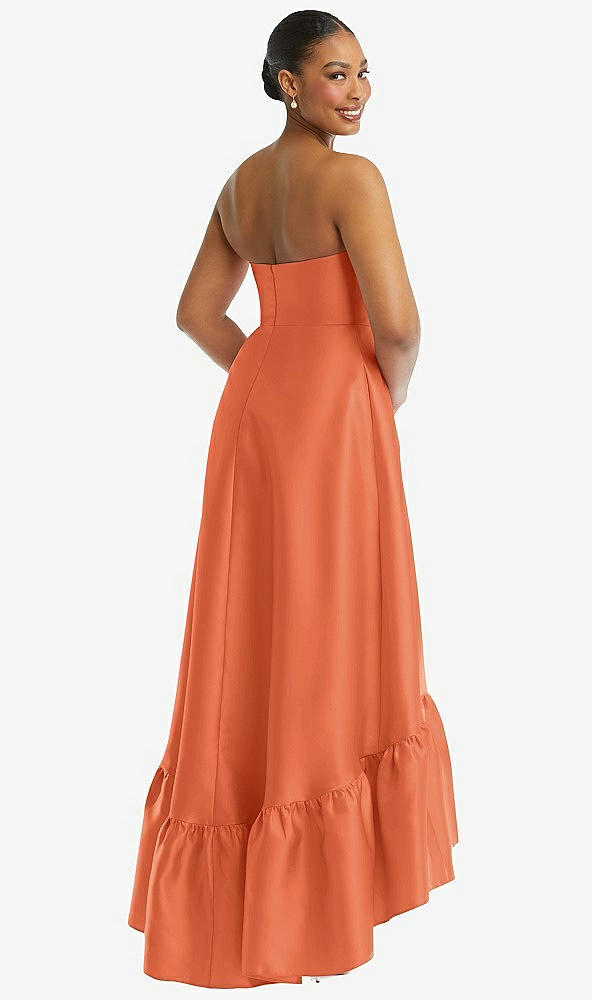 Back View - Portofino Orange Strapless Deep Ruffle Hem Satin High Low Dress with Pockets