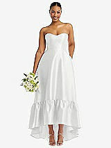 Front View Thumbnail - White Strapless Deep Ruffle Hem Satin High Low Dress with Pockets