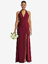 Alt View 2 Thumbnail - Burgundy Plunge Neck Halter Backless Trumpet Gown with Front Slit