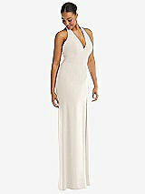 Alt View 1 Thumbnail - Ivory Plunge Neck Halter Backless Trumpet Gown with Front Slit