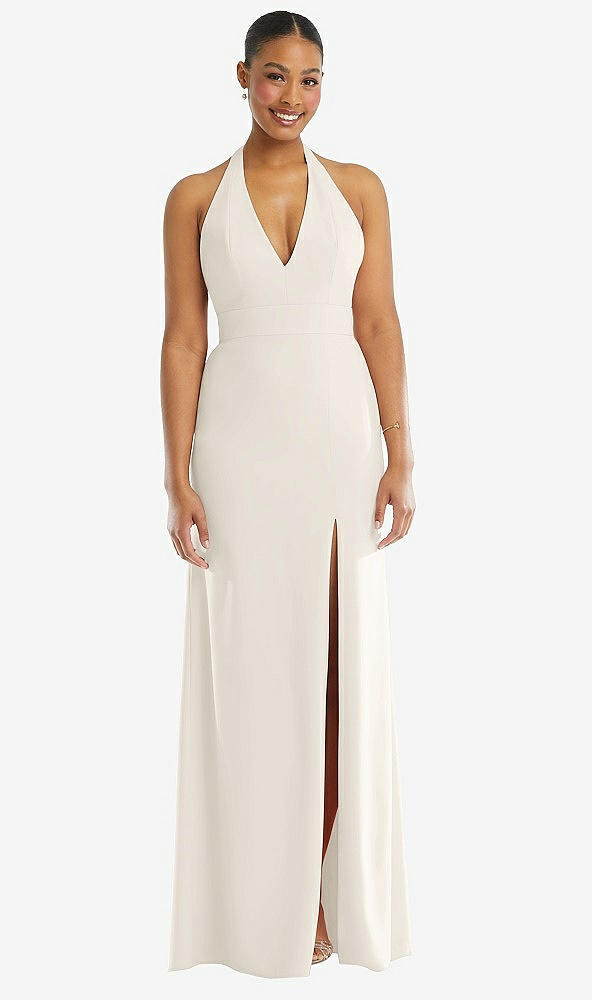 Front View - Ivory Plunge Neck Halter Backless Trumpet Gown with Front Slit