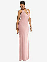 Alt View 1 Thumbnail - Rose Plunge Neck Halter Backless Trumpet Gown with Front Slit