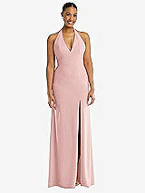 Front View Thumbnail - Rose Plunge Neck Halter Backless Trumpet Gown with Front Slit