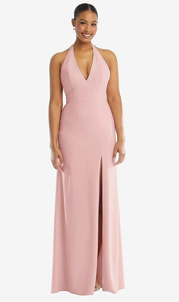 Front View - Rose Plunge Neck Halter Backless Trumpet Gown with Front Slit