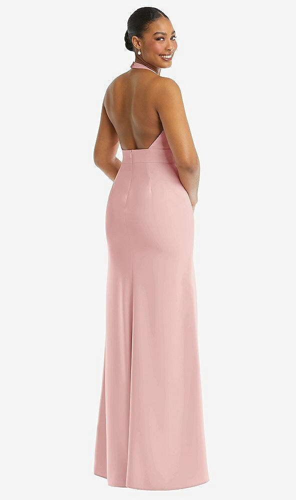Back View - Rose Plunge Neck Halter Backless Trumpet Gown with Front Slit