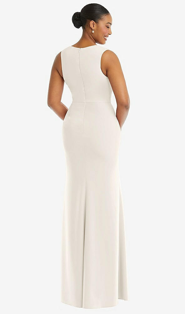 Back View - Ivory Deep V-Neck Closed Back Crepe Trumpet Gown with Front Slit