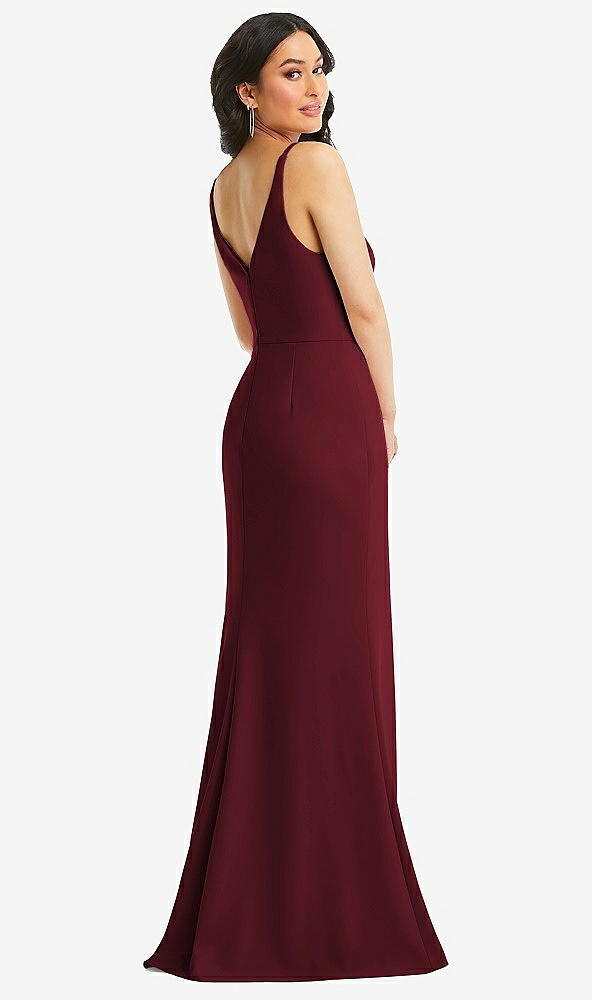 Back View - Cabernet Skinny Strap Deep V-Neck Crepe Trumpet Gown with Front Slit