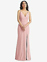 Front View Thumbnail - Rose Skinny Strap Deep V-Neck Crepe Trumpet Gown with Front Slit