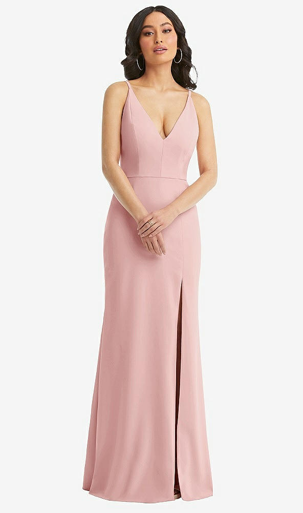 Front View - Rose Skinny Strap Deep V-Neck Crepe Trumpet Gown with Front Slit
