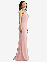 Side View Thumbnail - Rose Skinny Strap Deep V-Neck Crepe Trumpet Gown with Front Slit